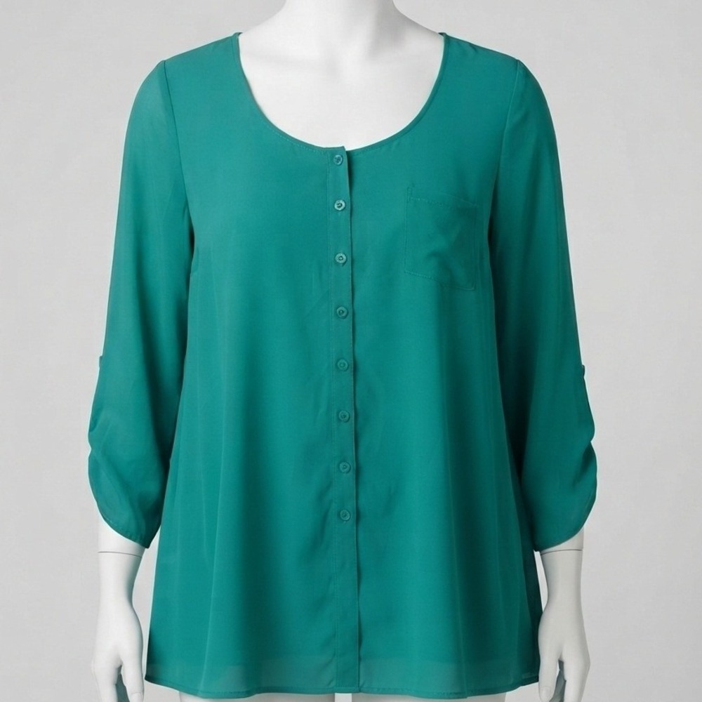 Style&co Womens Teal Blue Button Front Ruched Sleeve Blouse XL High Low Top